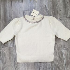 Marled Ivory Sweater with Embellished Neckline S NWT